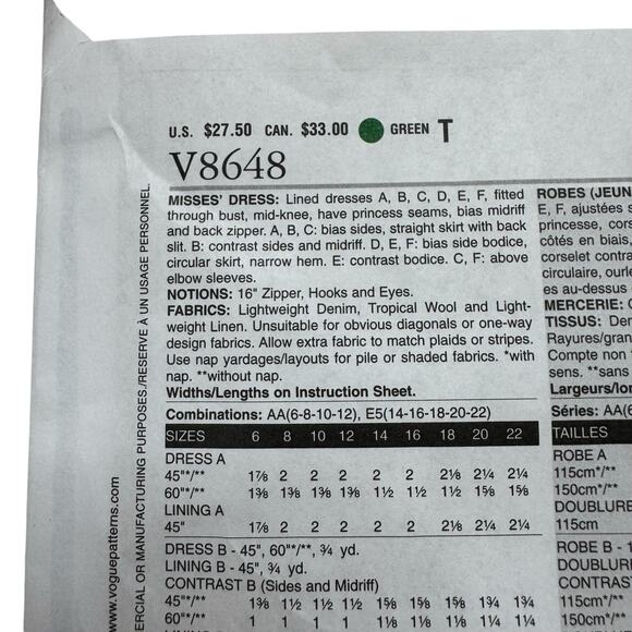VOGUE Options Square Neck Dress Pattern Size E5 14-16-18-20-22 V8648 Uncut - Picture 3 of 4